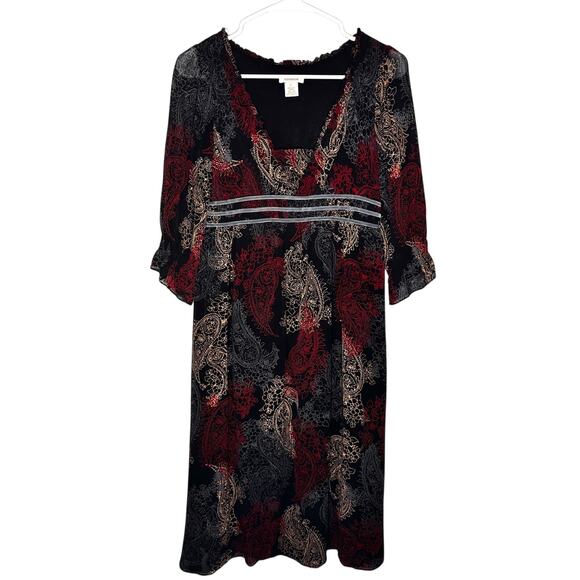 Sundance Dresses & Skirts - Sundance Black Paisley Print Silk Midi Dress w/ Velvet Ribbon Waistband 2